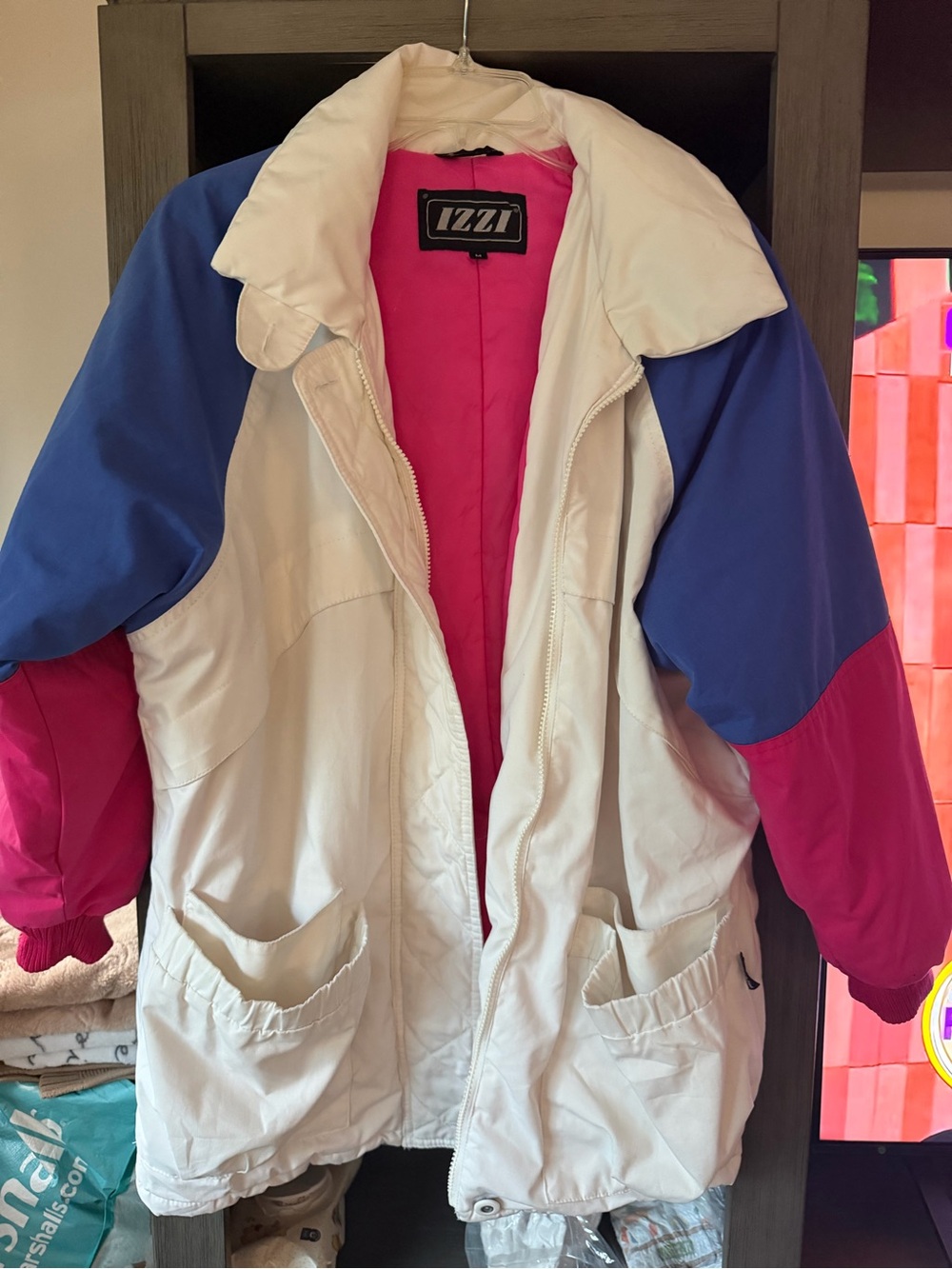 IZZI Women's White Colorblock Puffer Jacket with Pink Lining & Blue Accents